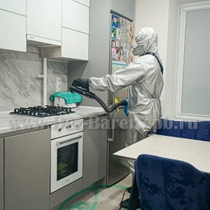 Дезинфектор в защите обрабатывает кухонную технику — плиту и холодильник