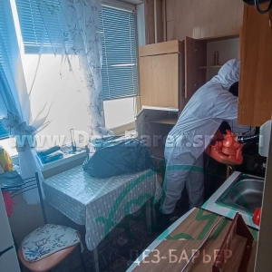 Дезинсектор наклонился над раковиной в кухне, продолжая обработку распылителем