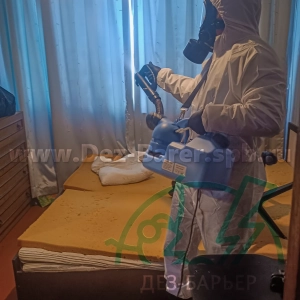 Дезинсектор направляет струю распылителя вдоль штор