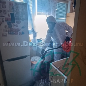 Дезинсектор обрабатывает поверхность стола в кухне