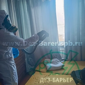 Дезинсектор обрабатывает распылителем пространство у окна в комнате